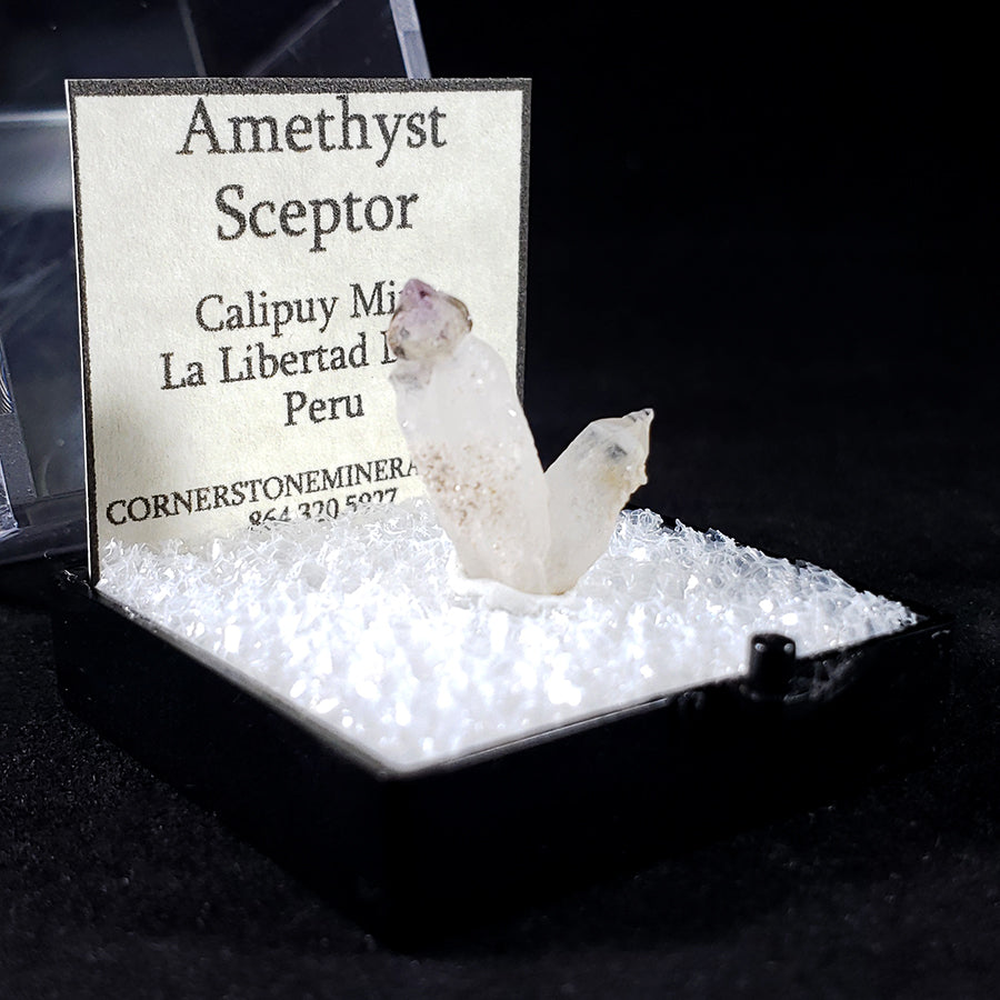 Amethyst Scepter Calipuy Peru - Three Quarter with Label